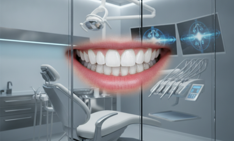 A close-up of a brilliant, healthy smile with bright, perfectly aligned teeth, set against a blurred background of a modern dental clinic with advanced equipment.