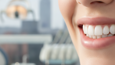 Close-up of a naturally bright, confident smile with perfectly whitened teeth, set against a softly blurred modern dental clinic interior and a distant, indistinct Manchester city skyline.