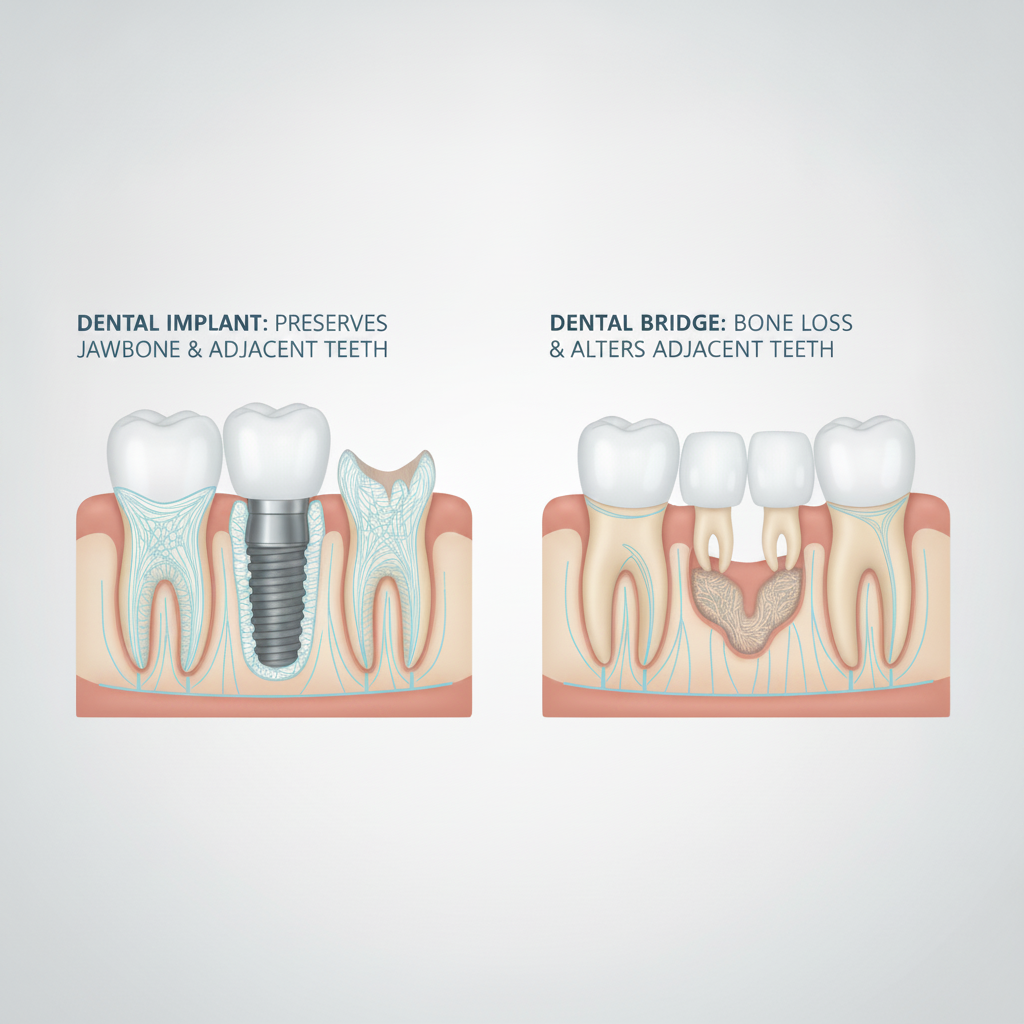 Bone Health: Implants vs. Bridges Dental Implants vs Bridges UK Comparison: Visualizing their distinct impacts on jawbone health and adjacent teeth.