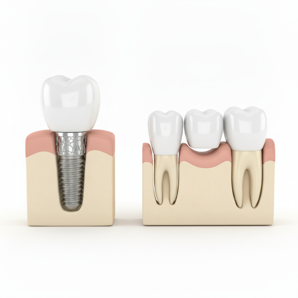 Comparing dental implant and bridge restorations Dental Implants vs Bridges UK Comparison illustrated by their distinct structural differences in the jaw.