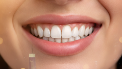Close-up of a radiant, healthy, confident smile with perfectly restored, natural-looking teeth. The background is a soft, warm blur, subtly suggesting abstract global travel or distant city lights, evoking the concept of dental tourism. No text visible.