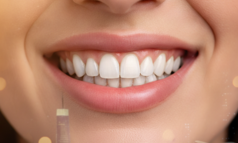 Close-up of a radiant, healthy, confident smile with perfectly restored, natural-looking teeth. The background is a soft, warm blur, subtly suggesting abstract global travel or distant city lights, evoking the concept of dental tourism. No text visible.