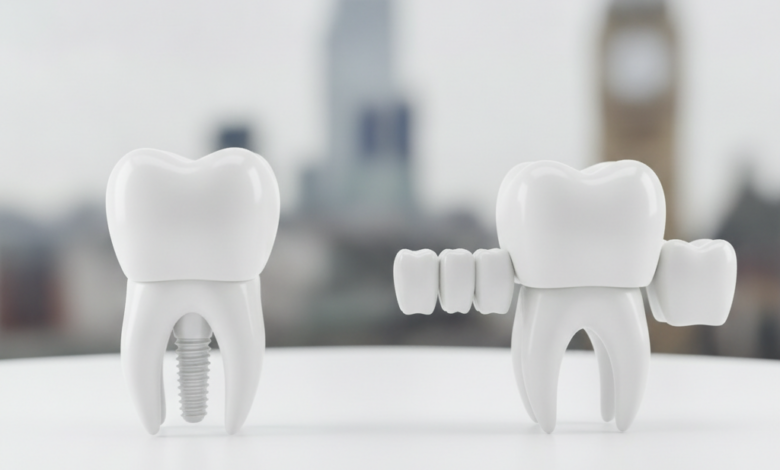 Two pristine, conceptual models representing dental solutions. On the left, a single, integrated tooth with a strong, root-like base symbolizes a dental implant. On the right, a dental bridge structure shows a replacement tooth supported by two crowned adjacent teeth. The background is a heavily blurred, out-of-focus UK cityscape, emphasizing the location context. The image is clean, professional, and free of any text.