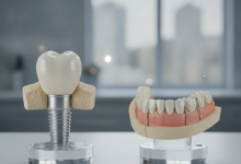 A conceptual image showing a clear comparison between a dental implant and a denture. On the left, a highly detailed dental implant with a titanium post, bone structure, and a natural-looking crown. On the right, a realistic partial denture with a gum-colored base and prosthetic teeth. The background is a blurred, modern dental clinic, with a faint, unidentifiable urban UK landscape seen through a window. The image is clean, professionally lit, and focuses on the dental solutions.