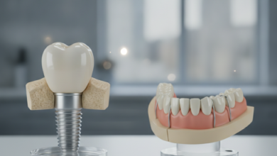 A conceptual image showing a clear comparison between a dental implant and a denture. On the left, a highly detailed dental implant with a titanium post, bone structure, and a natural-looking crown. On the right, a realistic partial denture with a gum-colored base and prosthetic teeth. The background is a blurred, modern dental clinic, with a faint, unidentifiable urban UK landscape seen through a window. The image is clean, professionally lit, and focuses on the dental solutions.