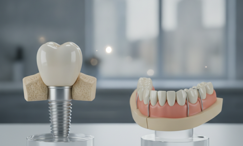 A conceptual image showing a clear comparison between a dental implant and a denture. On the left, a highly detailed dental implant with a titanium post, bone structure, and a natural-looking crown. On the right, a realistic partial denture with a gum-colored base and prosthetic teeth. The background is a blurred, modern dental clinic, with a faint, unidentifiable urban UK landscape seen through a window. The image is clean, professionally lit, and focuses on the dental solutions.
