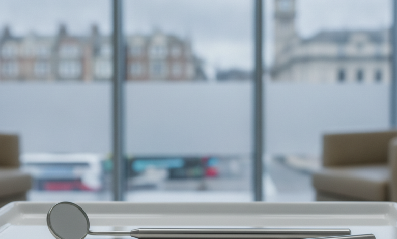 Close-up of clean, sterile dental instruments, including a mirror and a probe, resting on a white tray in a bright and modern dental clinic. The background is softly blurred, showing a subtle urban landscape typical of the United Kingdom through large windows.