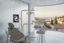 A photorealistic scene inside a modern, sterile dental clinic. A futuristic dental chair and advanced instruments are in sharp focus in the foreground. Through a large, blurred window in the background, a warm, soft-focused Mediterranean cityscape is visible under golden hour lighting. The image evokes the concept of international dental tourism and high-quality care abroad, with no visible text.