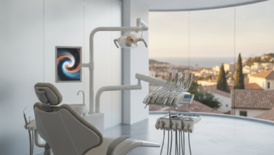 A photorealistic scene inside a modern, sterile dental clinic. A futuristic dental chair and advanced instruments are in sharp focus in the foreground. Through a large, blurred window in the background, a warm, soft-focused Mediterranean cityscape is visible under golden hour lighting. The image evokes the concept of international dental tourism and high-quality care abroad, with no visible text.