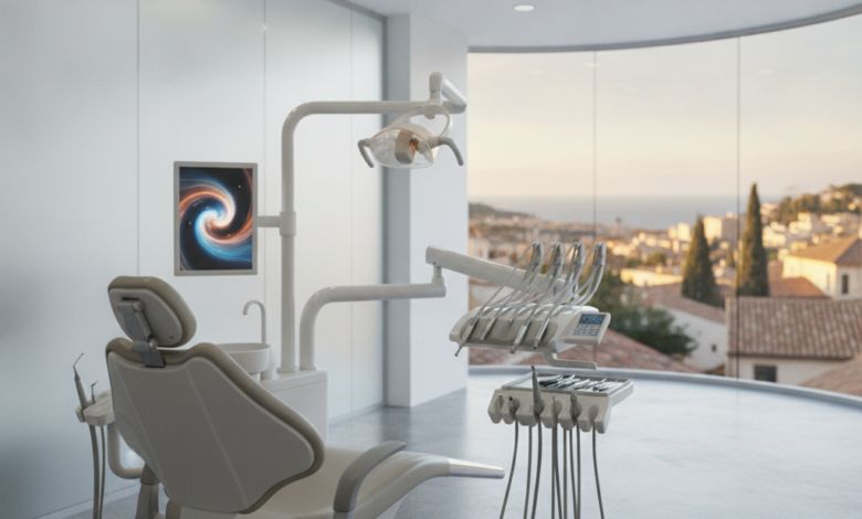 A photorealistic scene inside a modern, sterile dental clinic. A futuristic dental chair and advanced instruments are in sharp focus in the foreground. Through a large, blurred window in the background, a warm, soft-focused Mediterranean cityscape is visible under golden hour lighting. The image evokes the concept of international dental tourism and high-quality care abroad, with no visible text.