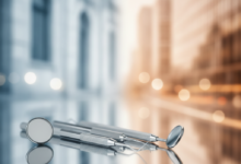A photorealistic image showcasing sterile dental instruments on a reflective surface. The background is subtly divided into two blurred sections: a cool-toned abstract urban landscape representing the UK, and a warmer-toned abstract modern cityscape representing the USA, illustrating a comparison of dental care costs between the two countries.