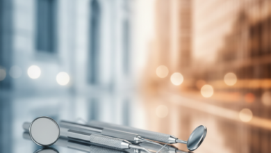 A photorealistic image showcasing sterile dental instruments on a reflective surface. The background is subtly divided into two blurred sections: a cool-toned abstract urban landscape representing the UK, and a warmer-toned abstract modern cityscape representing the USA, illustrating a comparison of dental care costs between the two countries.