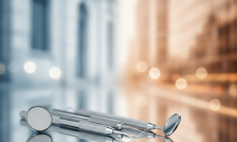 A photorealistic image showcasing sterile dental instruments on a reflective surface. The background is subtly divided into two blurred sections: a cool-toned abstract urban landscape representing the UK, and a warmer-toned abstract modern cityscape representing the USA, illustrating a comparison of dental care costs between the two countries.