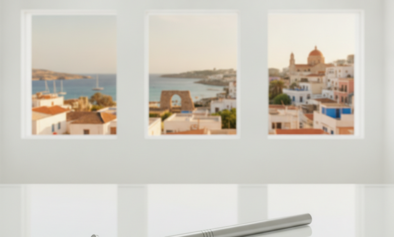 A close-up, sharp image of a modern, polished dental tool on a sterile white surface in a high-tech dental clinic. In the blurred background, a sunny Mediterranean cityscape with historical architecture is visible.