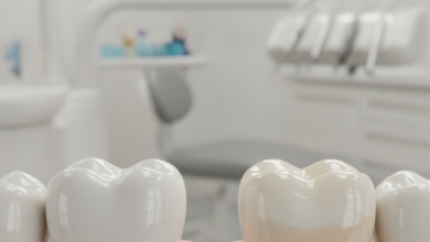 A close-up, photorealistic image comparing a durable zirconium dental crown on one tooth model and a highly aesthetic porcelain dental crown on another, set against a blurred modern dental clinic background.