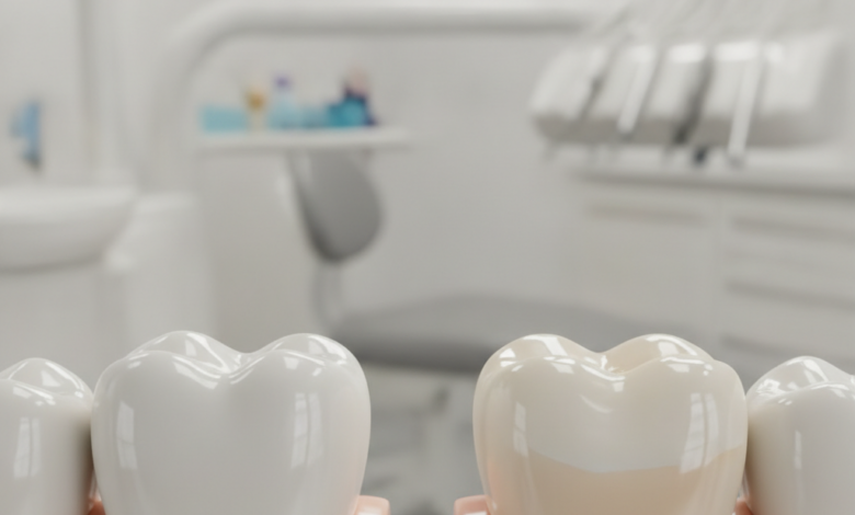 A close-up, photorealistic image comparing a durable zirconium dental crown on one tooth model and a highly aesthetic porcelain dental crown on another, set against a blurred modern dental clinic background.
