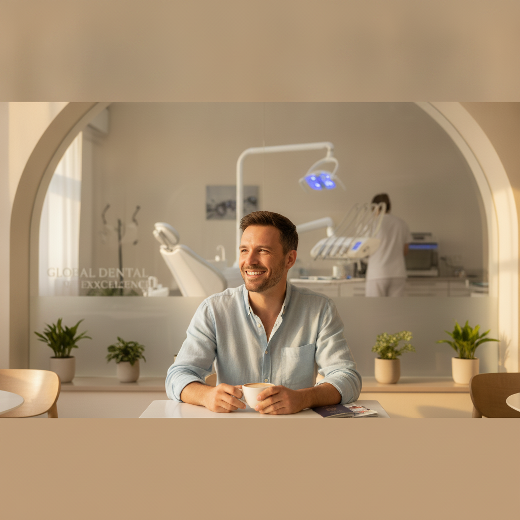 Dental Tourism Explained UK, showing a relaxed patient experiencing combined quality dental care and travel abroad.