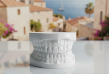A sharply focused, pristine white dental arch model rests on a reflective surface in the foreground. In the soft-focus background, a sunny, picturesque European or Mediterranean cityscape with historic buildings and water is visible, symbolizing international dental travel for UK patients.