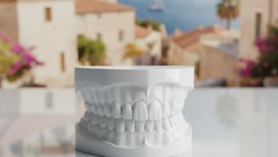 A sharply focused, pristine white dental arch model rests on a reflective surface in the foreground. In the soft-focus background, a sunny, picturesque European or Mediterranean cityscape with historic buildings and water is visible, symbolizing international dental travel for UK patients.