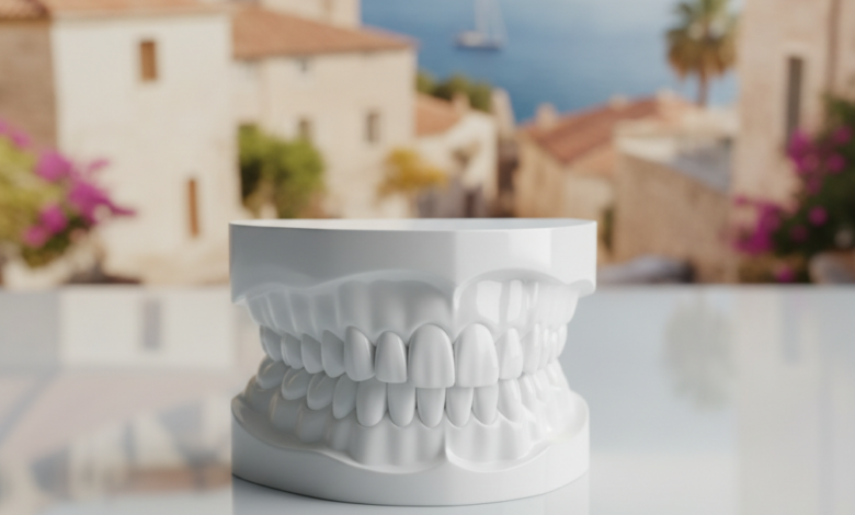 A sharply focused, pristine white dental arch model rests on a reflective surface in the foreground. In the soft-focus background, a sunny, picturesque European or Mediterranean cityscape with historic buildings and water is visible, symbolizing international dental travel for UK patients.
