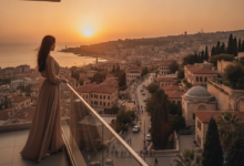 A person stands on a modern balcony, seen from behind, overlooking a picturesque coastal city at golden hour, symbolizing a successful dental travel journey and serene recovery abroad.