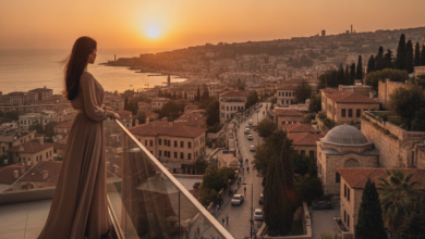 A person stands on a modern balcony, seen from behind, overlooking a picturesque coastal city at golden hour, symbolizing a successful dental travel journey and serene recovery abroad.