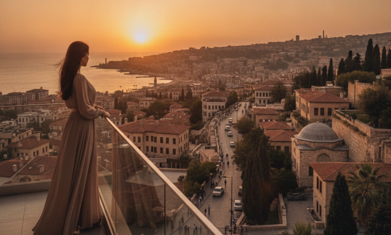 A person stands on a modern balcony, seen from behind, overlooking a picturesque coastal city at golden hour, symbolizing a successful dental travel journey and serene recovery abroad.