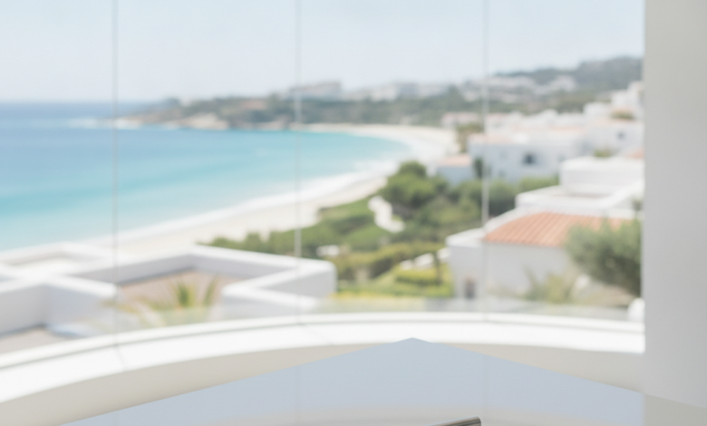 A bright, modern dental clinic interior with a large panoramic window looking out onto a beautiful, sunny Mediterranean coastal town. A polished dental mirror rests on a white counter in the foreground. The scene combines dental care and travel, free of any text.