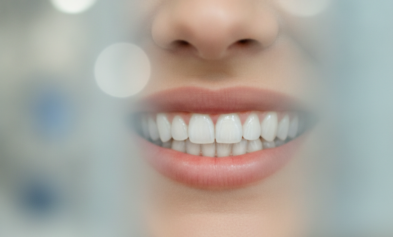 Close-up of a person's confident smile showcasing perfectly aligned, bright dental veneers in a blurred modern clinic background, no visible text.